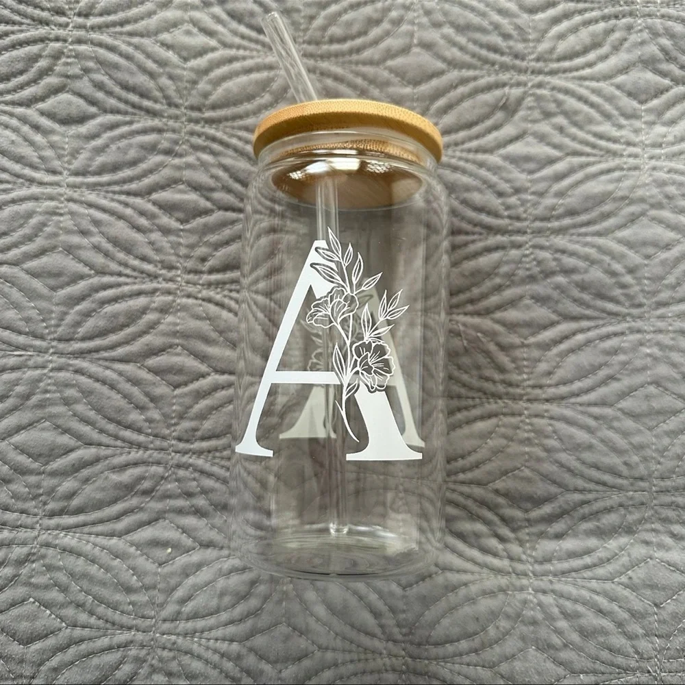 “A” Initial Glass Cup with Wooden Lid and Glass Straw